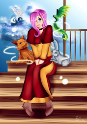 Size: 2894x4093 | Tagged: safe, artist:lezzette, fluttershy, human, parasprite, g4, avatar the last airbender, clothes, dress, humanized