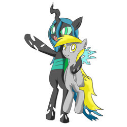 Size: 1024x1024 | Tagged: safe, artist:shirokusakabe, derpy hooves, queen chrysalis, changeling, changeling queen, pegasus, pony, g4, female, hug, mare, x x everywhere