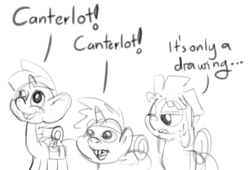 Size: 1000x680 | Tagged: safe, artist:smudge proof, snails, snips, oc, comic:heads and tails, g4, canterlot, monochrome, monty python, monty python and the holy grail, ponified, sketch