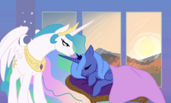 Size: 1366x827 | Tagged: safe, artist:bux, princess celestia, princess luna, alicorn, pony, g4, duo, duo female, female, mare, royal sisters, s1 luna, siblings, sisters, sleeping