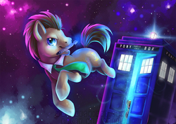 Size: 950x672 | Tagged: safe, artist:kaceymeg, derpy hooves, doctor whooves, time turner, earth pony, pegasus, pony, g4, doctor who, female, male, mare, mouth hold, necktie, sonic screwdriver, stallion, tardis, the doctor