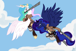 Size: 1951x1311 | Tagged: safe, artist:splinterstar, princess celestia, princess luna, alicorn, pony, g4, attack on titan, clothes, crossover, female, flying, jacket, mare, mouth hold, signature, sisters