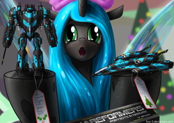 Size: 1600x1131 | Tagged: safe, artist:foxi-5, queen chrysalis, g4, :o, cute, cutealis, female, hoof hold, jet fighter, looking at you, mecha, portrait, solo, toy, transformers