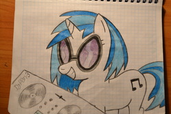 Size: 1024x682 | Tagged: safe, artist:ghostofwar909, dj pon-3, vinyl scratch, g4, female, solo, traditional art, turntable