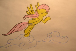 Size: 1024x683 | Tagged: safe, artist:ghostofwar909, fluttershy, g4, cloud, female, solo, traditional art