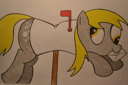 Size: 1024x683 | Tagged: safe, artist:ghostofwar909, derpy hooves, pegasus, pony, g4, derpy inside a mailbox, female, mail, mailbox, mare, mouth hold, solo, traditional art