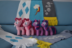 Size: 4608x3072 | Tagged: safe, artist:ghostofwar909, derpy hooves, pinkie pie, rainbow dash, rarity, twilight sparkle, pegasus, pony, g4, clothes, craft, cutie mark, female, irl, knit, mare, photo, plushie, scarf