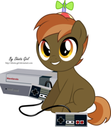 Size: 2841x3249 | Tagged: safe, artist:shinta-girl, button mash, earth pony, pony, g4, blank flank, colt, foal, hat, hooves, male, nintendo, nintendo entertainment system, propeller hat, simple background, sitting, smiling, solo, teeth, transparent background