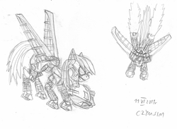 Size: 1024x749 | Tagged: safe, artist:czymsim, rainbow dash, g4, bionicle, crossover, lego, monochrome, traditional art