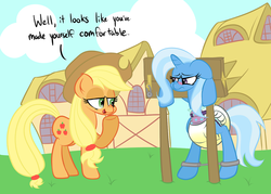 Size: 1280x914 | Tagged: safe, artist:skitter, applejack, trixie, earth pony, pony, unicorn, g4, blushing, bondage, diaper, diaper bondage, diaper fetish, female, humiliation, mare, non-baby in diaper, poofy diaper, public humiliation, spreader bar, stocks, urine, wet diaper