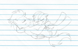 Size: 1024x643 | Tagged: safe, artist:olyollyoxenfree, rainbow dash, soarin', g4, female, lined paper, male, monochrome, ship:soarindash, shipping, sketch, straight, traditional art