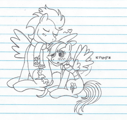 Size: 1024x961 | Tagged: safe, artist:olyollyoxenfree, rainbow dash, soarin', g4, clothes, female, heart, kissing, lined paper, male, monochrome, pomf, scarf, ship:soarindash, shipping, sketch, straight, traditional art, wingboner