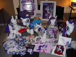Size: 2189x1642 | Tagged: artist needed, safe, idw, rarity, sea pony, g4, badge, button, collection, comic book, customized toy, dog tags, glass, irl, merchandise, much rarity, obsessive rarity fan, patch, photo, plushie, poster, print, toy, wet mane