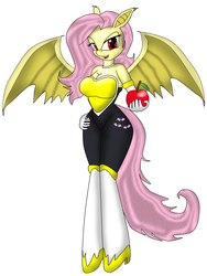 Size: 1536x2048 | Tagged: safe, artist:odiz, fluttershy, bat pony, anthro, bats!, g4, apple, clothes, cosplay, costume, crossover, female, flutterbat, race swap, rouge the bat costume, solo, sonic the hedgehog (series)