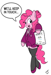 Size: 660x969 | Tagged: safe, artist:silver1kunai, pinkie pie, earth pony, semi-anthro, g4, clothes, female, shoes, socks, solo, suit, thigh highs