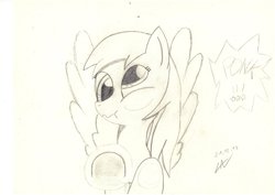 Size: 1024x724 | Tagged: artist needed, source needed, safe, derpy hooves, pegasus, pony, g4, female, funny, funny face, mare, monochrome, solo, traditional art