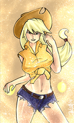 Size: 3000x5000 | Tagged: safe, artist:checkerboardazn, applejack, human, g4, belly button, breasts, busty applejack, clothes, daisy dukes, female, front knot midriff, gundam, gundam build fighters, humanized, light skin, midriff, solo