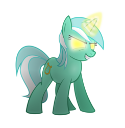 Size: 1600x1633 | Tagged: safe, artist:the smiling pony, lyra heartstrings, pony, unicorn, g4, angry, evil smile, female, glare, glowing eyes, glowing horn, grin, horn, magic, simple background, smiling, solo, standing, transparent background