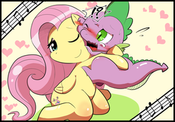 Size: 1731x1211 | Tagged: safe, artist:kmart0614, fluttershy, spike, g4, anatomically incorrect, blushing, female, hape, heart, hug, incorrect leg anatomy, male, music notes, open mouth, pushing, ship:flutterspike, shipping, smiling, spikelove, straight, struggling, sweat, wavy mouth, wide eyes, wink