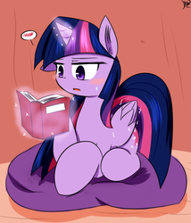 Size: 600x700 | Tagged: safe, artist:ranban, twilight sparkle, alicorn, pony, g4, blushing, book, female, imminent wingboner, magic, mare, pixiv, reading, solo, sweat, twilight sparkle (alicorn)