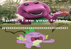 Size: 1024x699 | Tagged: safe, spike, dinosaur, dragon, g4, barney the dinosaur, caption, image macro, nightmare fuel