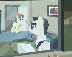 Size: 414x331 | Tagged: safe, screencap, business savvy, pegasus olsen, peggy holstein, earth pony, pony, g4, rarity takes manehattan, background pony, desk, don draper, female, mad men, male, mare, office, peggy olson, phone, shout out, stallion