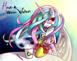 Size: 1000x800 | Tagged: safe, artist:renokim, princess celestia, g4, clothes, coffee, drink, female, glasses, solo, sweater, table, turtleneck, winter