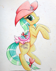 Size: 643x817 | Tagged: safe, artist:prettypinkpony, apple fritter, earth pony, pony, g4, apple family member, bow, female, hat, rearing, saddle, solo, tail bow, traditional art