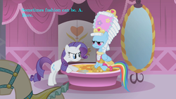 Size: 1280x720 | Tagged: source needed, safe, edit, edited screencap, screencap, rainbow dash, rarity, g4, season 1, swarm of the century, clothes, dashie antoinette, dress, duo, legs together, littlest pet shop, lyrics, mare antoinette, powdered wig, reference, song, voice actor joke, wig