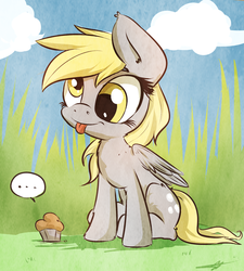 Size: 1800x2000 | Tagged: safe, artist:kyodashiro, derpy hooves, pegasus, pony, g4, ..., cloud, cloudy, cute, derpabetes, ear fluff, female, grass, mare, muffin, sitting, smiling, solo, speech bubble, tongue out