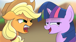 Size: 1280x720 | Tagged: safe, artist:jakejoke, applejack, twilight sparkle, g4, angry, floppy ears, glare, open mouth, smirk, trollface, yelling