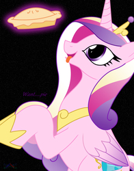 Size: 1836x2343 | Tagged: safe, artist:iflysna94, princess cadance, alicorn, pony, g4, black background, female, food, mare, open mouth, pie, rearing, simple background, solo, tongue out