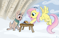 Size: 1400x900 | Tagged: safe, artist:aa, fluttershy, deer, original species, pegasus, pony, reindeer, g4, birthday cake, birthday gift art, cake, clothes, earmuffs, forest, scarf, snow, table, winter