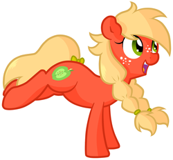 Size: 1280x1188 | Tagged: safe, artist:furrgroup, big macintosh, earth pony, pony, g4, bucking, cute, macabetes, macareina, open mouth, rule 63, rule63betes, simple background, smiling, solo, standing on two hooves