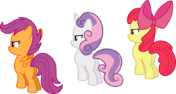 Size: 2153x1154 | Tagged: safe, artist:jeatz-axl, apple bloom, scootaloo, sweetie belle, earth pony, pegasus, pony, unicorn, flight to the finish, g4, blank flank, butt, cutie mark crusaders, horn, plot, simple background, svg, transparent background, trio, vector