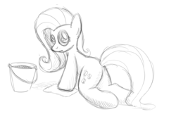 Size: 1024x663 | Tagged: safe, artist:drawponies, fluttershy, g4, anatomically incorrect, bucket, cleaning, female, incorrect leg anatomy, monochrome, sketch, solo