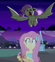 Size: 672x759 | Tagged: safe, edit, screencap, fluttershy, bat pony, human, bats!, equestria girls, g4, my little pony equestria girls, comparison, flutterbat, flutterbat attack, flying, human ponidox, moon, night, oh crap, race swap