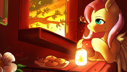 Size: 1280x720 | Tagged: dead source, safe, artist:imspainter, fluttershy, pegasus, pony, g4, cookie, cute, female, fire, flower, mug, solo, sunset, tree, window