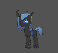 Size: 686x620 | Tagged: safe, artist:carnifex, oc, oc only, oc:myxine, changeling, changeling queen, nymph, blue changeling, changeling oc, changeling queen oc, female, foal, gray background, simple background, smiling, solo, younger