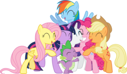 Size: 8440x4920 | Tagged: safe, artist:90sigma, applejack, fluttershy, pinkie pie, rainbow dash, rarity, spike, twilight sparkle, dragon, earth pony, pegasus, pony, unicorn, g4, ^^, absurd resolution, eyes closed, female, group hug, mane seven, mane six, mare, simple background, transparent background, vector