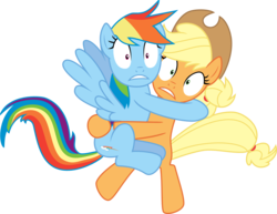 Size: 2210x1708 | Tagged: safe, artist:jeatz-axl, applejack, rainbow dash, pony, castle mane-ia, g4, bipedal, fear hug, frown, gritted teeth, hug, scared, simple background, spread wings, svg, transparent background, vector, wide eyes