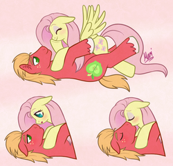 Size: 890x850 | Tagged: safe, artist:marindashy, big macintosh, fluttershy, earth pony, pony, g4, :o, bedroom eyes, blushing, cuddling, cute, eye contact, eyes closed, eyeshadow, kiss on the lips, kissing, makeup, male, on back, open mouth, pink eyeshadow, prone, ship:fluttermac, shipping, shyabetes, simple background, smiling, snuggling, spread wings, stallion, straight