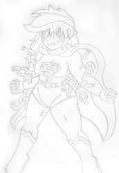 Size: 2328x3393 | Tagged: safe, artist:blackbewhite2k7, applejack, human, g4, app-el, applebucking thighs, breaking free, chains, commission, crossover, female, humanized, male, messy hair, monochrome, parody, sketch, solo, superman, wip