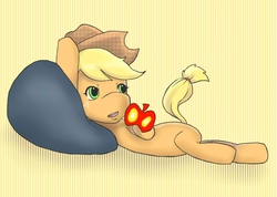 Size: 1123x800 | Tagged: safe, applejack, g4, apple, couch, pixiv, simple background