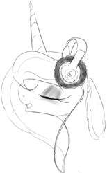 Size: 615x1001 | Tagged: safe, artist:zev, princess luna, g4, eyes closed, female, grayscale, grin, headphones, monochrome, portrait, sketch, solo