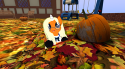 Size: 1920x1058 | Tagged: safe, oc, oc only, oc:dreamsicle, autumn, halloween, holiday, jack-o-lantern, leaves, pumpkin, second life