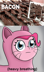 Size: 552x892 | Tagged: safe, pinkie pie, g4, bacon, chocolate, exploitable meme, heavy breathing, image macro, meme