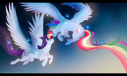 Size: 1153x692 | Tagged: safe, artist:naminzo, rainbow dash, soarin', g4, alternate hairstyle, female, flying, male, ship:soarindash, shipping, straight