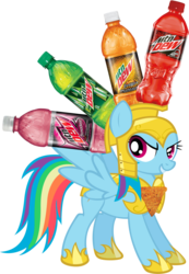 Size: 989x1433 | Tagged: safe, edit, rainbow dash, g4, armor, doritos, dreamworks face, female, geoff keighley, grin, looking at you, mountain dew, raised eyebrow, simple background, smirk, solo, this isn't even my final form, transparent background, wat