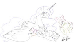 Size: 1280x753 | Tagged: safe, artist:silfoe, apple bloom, princess luna, scootaloo, sweetie belle, lunadoodle, g4, cuddling, cutie mark crusaders, drool, grayscale, monochrome, sleeping, smiling, snuggling, sweatdrop